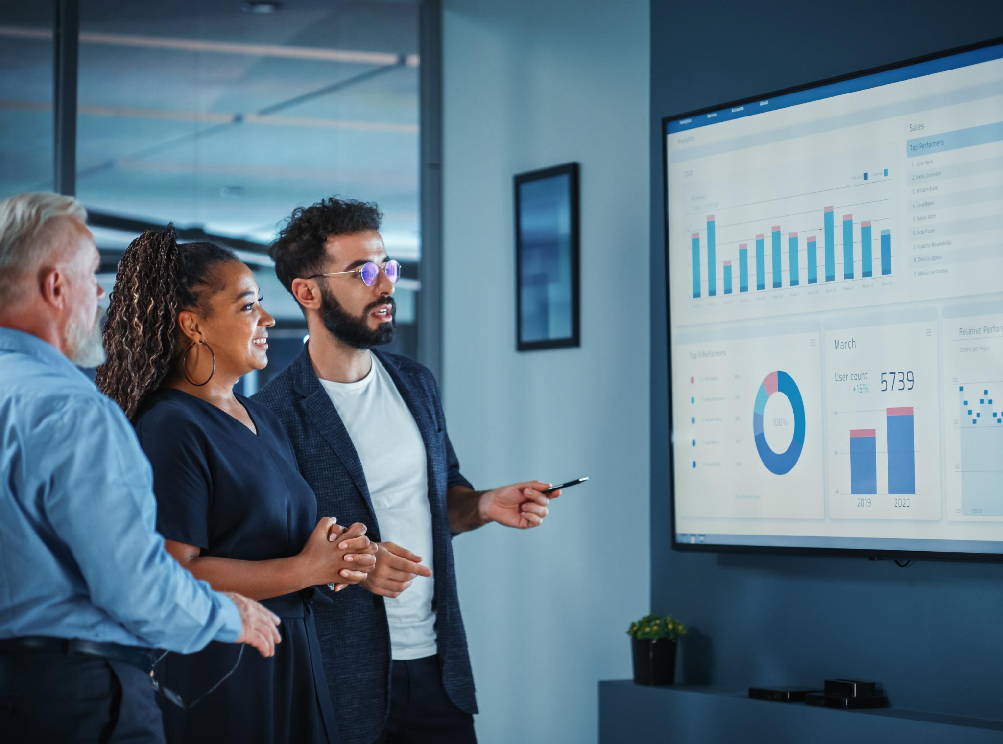 A business owner reviews key strategies on how to grow a business with two other people.